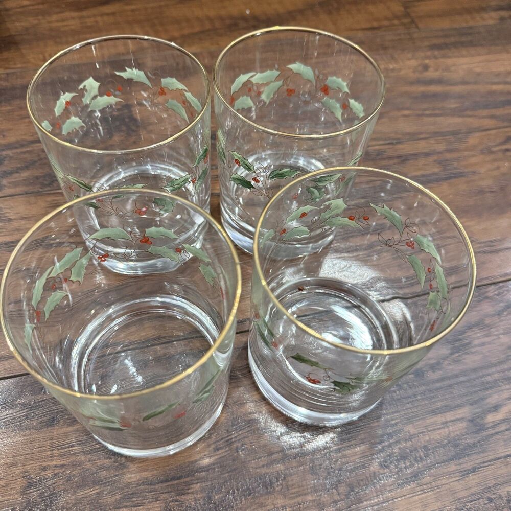 Vtg Home for the Holidays Double Old Fashioned Holly Holiday Glasses 4in tall D1